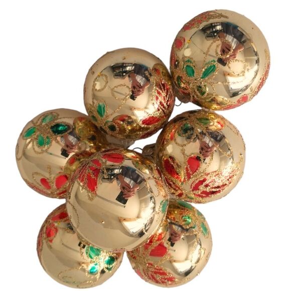 Commodore Christmas Classics Ornaments x 7 Glass Ball Hand Decorated Poinsettia. - Picture 13 of 16